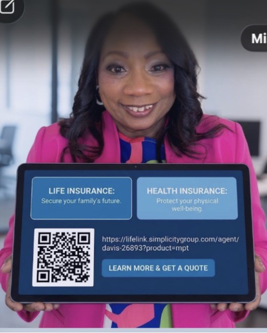 Pamela Davis holding a tablet with a life and health insurance quote